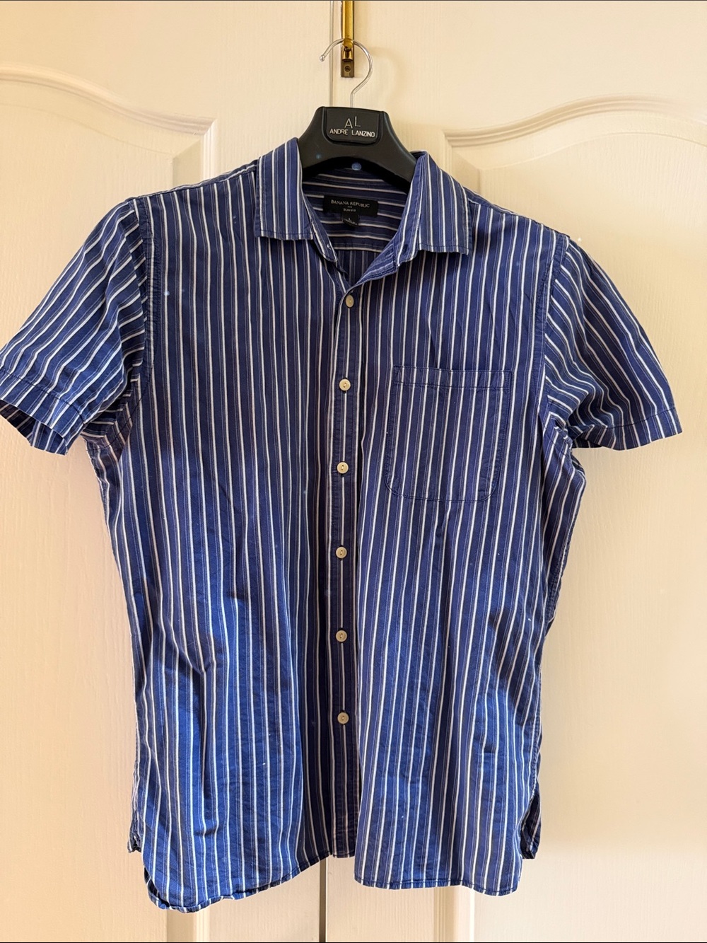 Banana Republic Blue and White Vertical Stripe Short-Sleeve Button-Down Shirt